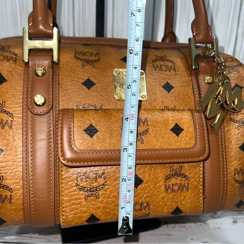 MCM Vintage Cognac Visetos Monogram Boston Satchel Bag with Gold Logo Plate - Picture 10 of 14